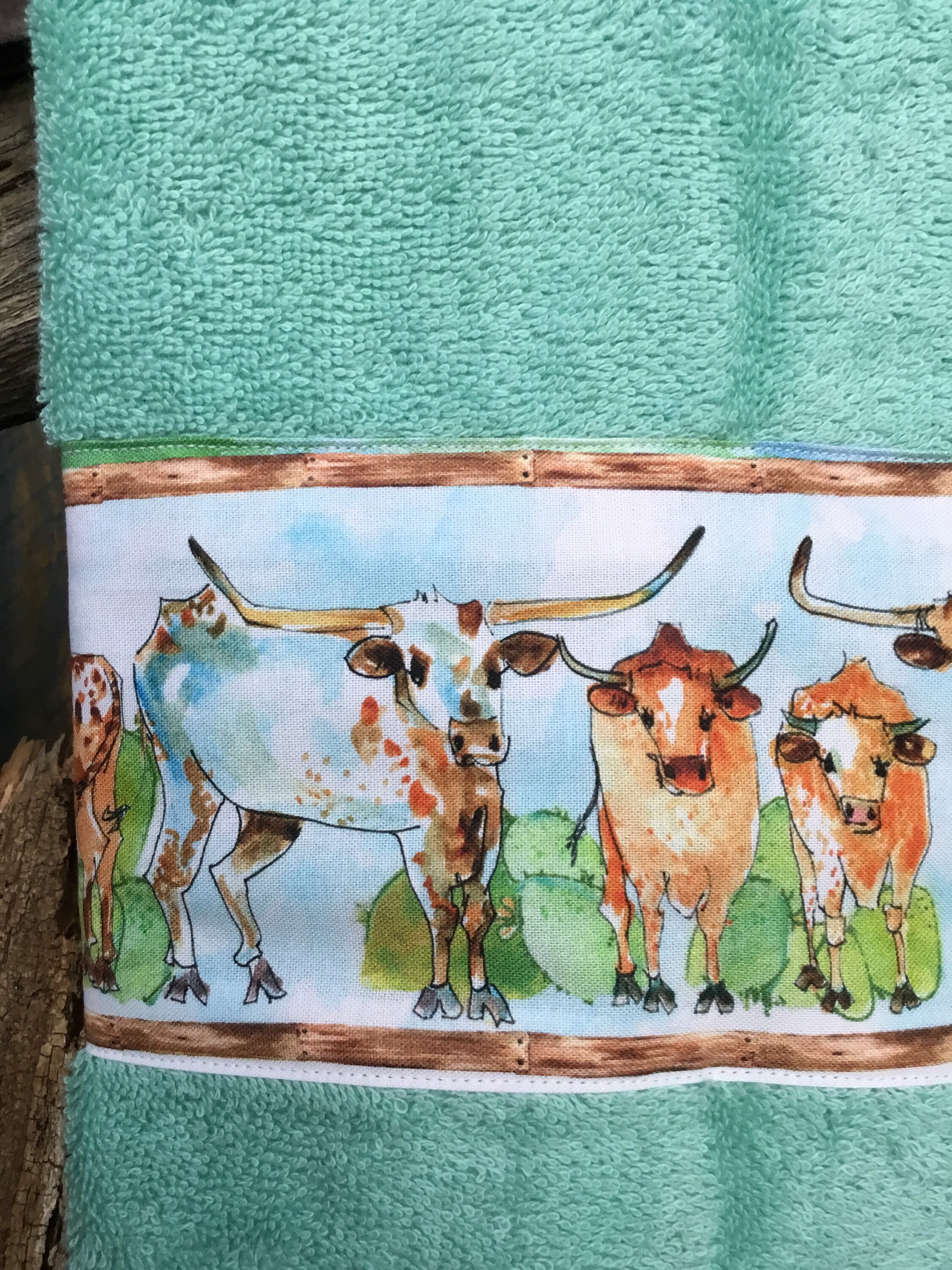 Mint Green Hand Towel with longhorn cattle. Etsy