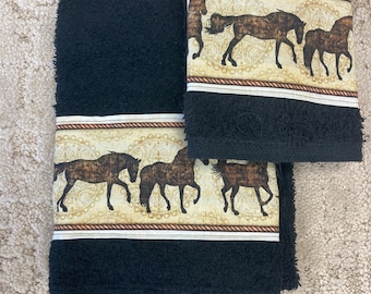 Running horses Kitchen  towel and dish cloth set- antique