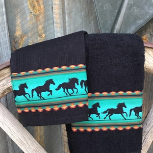 Running horses Kitchen  towel and dish cloth set- turquoise