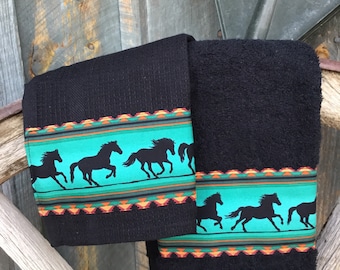 Running horses Kitchen  towel and dish cloth set- turquoise