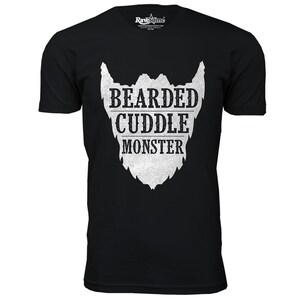 May include: Black t-shirt with a white graphic of a beard and the text "Bearded Cuddle Monster".
