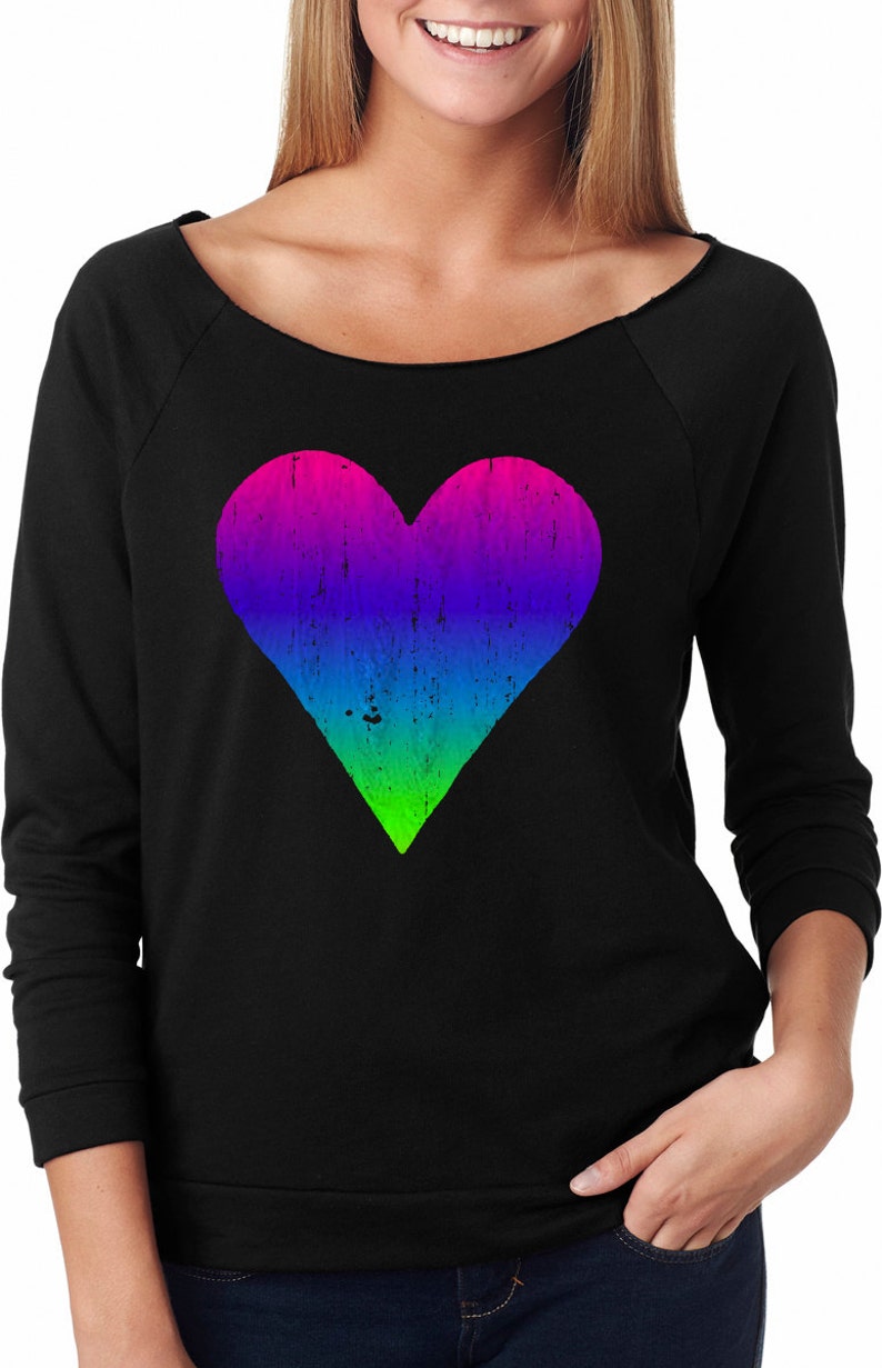 Heart Print Ladies Off the Shoulder Terry Raglan Heart Print Ladies Off the Shoulder Terry Raglan