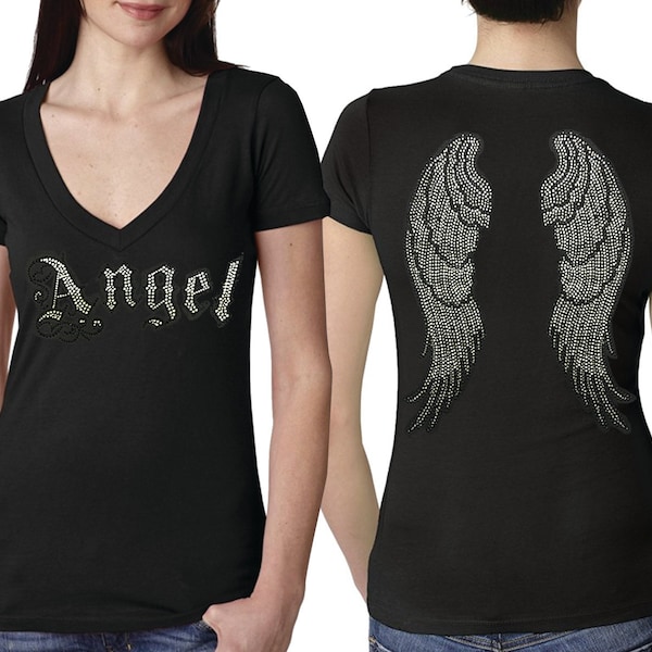 Angel Wings Rhinestone V Neck  Women's T-Shirt