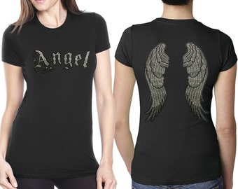 Women's Angel Wings Rhinestone Crew Neck T-Shirt