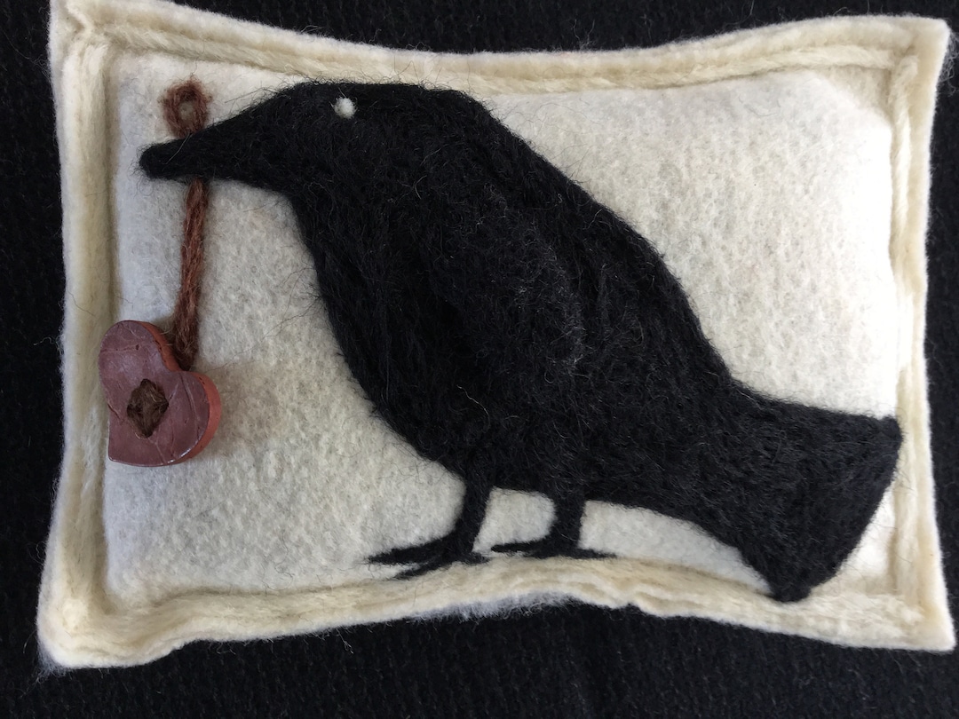 Needle Felted Black Crow W/heart Maine Balsam Pine/fir Sachet/pillow Etsy