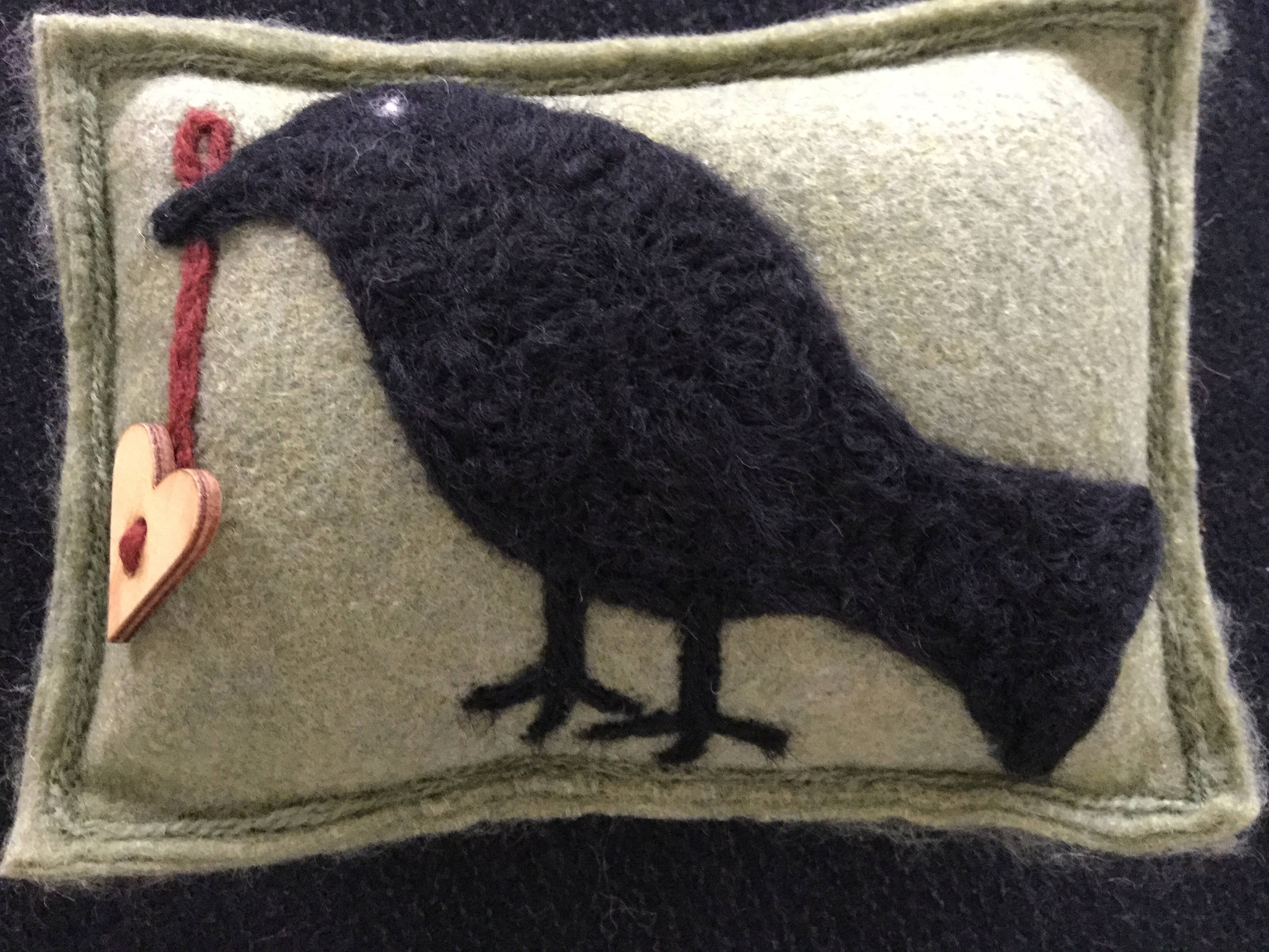 Hand Needle Felted Primitive Black Crow W/ Wooden Heart Maine Etsy
