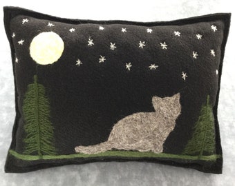 Hand Needle Felted Gray Cat Gazing at the Moon under the Stars Large Balsm/Fir Pillow