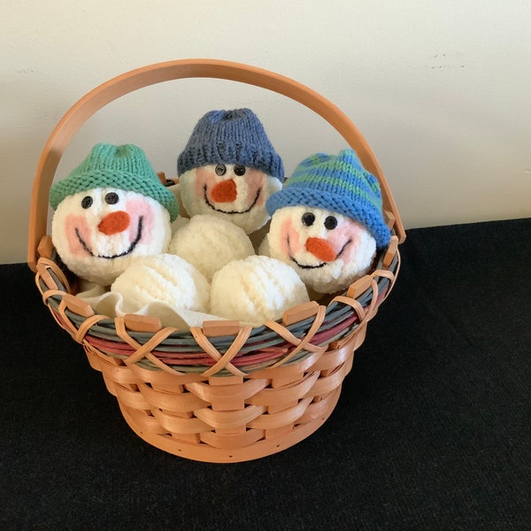 Hand Knit Winter White Snowball w/ Hand Knit Hat Ornament/Basket Filler