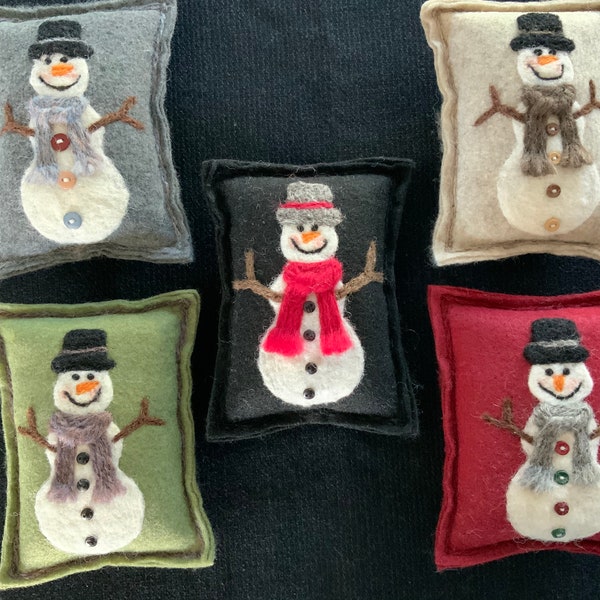 Hand Needle Felted Snowman w/ Wool Scarf and Hat Maine Balsam Pine/Fir Sachet/ Pillow