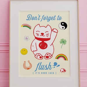 Don't Forget to Flush PRINTABLE - Bathroom Wall Art Rainbow Lucky  cat pastel maneki-neko bathroom art print lucky danish pastel print