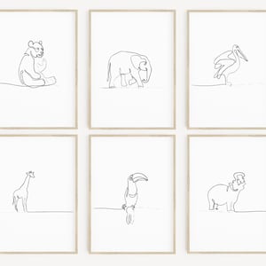 Set of 6 Nursery PRINTABLE Wall Art | Animal Print Line Drawing | Minimalist kids room wall decor Modern Nursery Gallery Animal Printtables