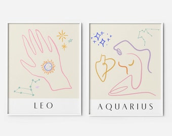 Zodiac Poster Pair |  Astrology poster Aquarius museum poster beige zodiac art | Zodiac wall art mid century modern Leo Aries Taurus Scorpio