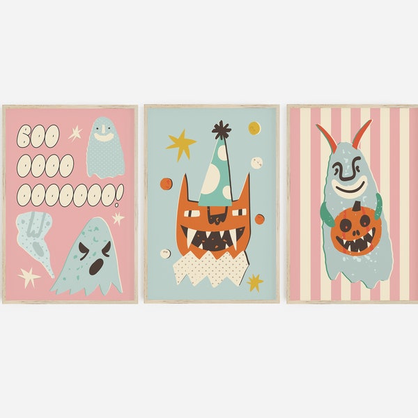 Halloween ART PRINT | Pink Blue danish Pastel Aesthetics Halloween 90s y2k nursery kids room stylish trendy halloween stripes checkerboard