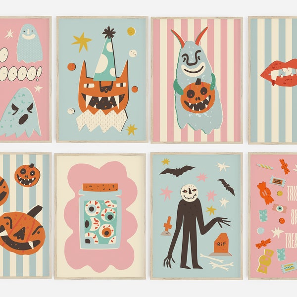 Halloween Gallery Wall Art Prints  | Set of 8 Pink Blue danish Pastel Aesthetics Halloween 90s y2k nursery kids room stripes checkerboard