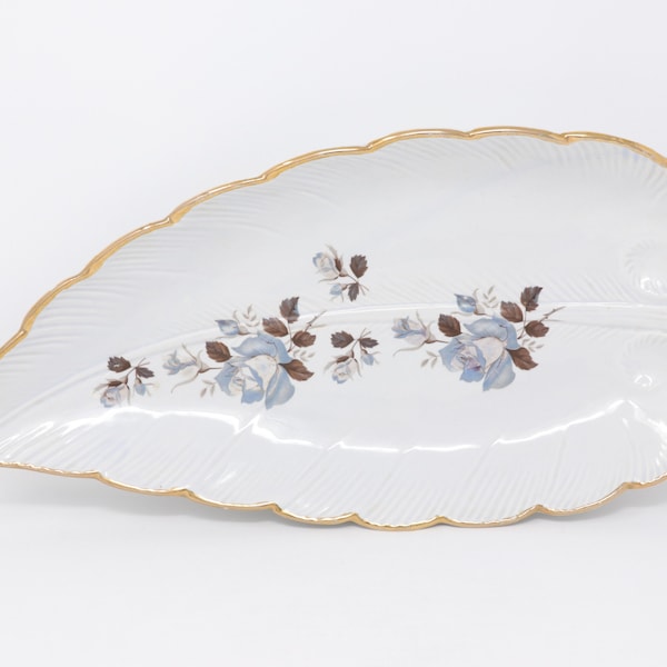LARGE RARE 20" Leaf-shaped Serving Platter, Maurice of California serving plate, floral design dish with blue roses and gold trim