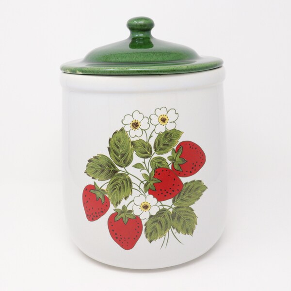 Large 8" McCoy Pottery strawberries canister cookie jar, 10" with lid, lidded container, strawberry kitchen decor, red, green, white