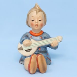 Full bee TMK2 Hummel Joyful figurine #53, 4 1/4&quot; tall, girl playing mandolin, vintage Hummel figurine, Goebel porcelain gift