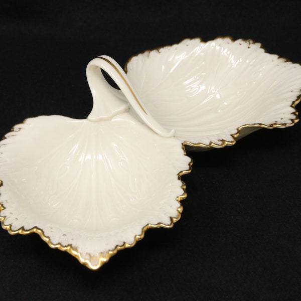 MINT 10.5" Lenox china ivory double leaf dish with 24K gold trim and handle, white relish dish, snack dish, nut or candy dish, gift for her