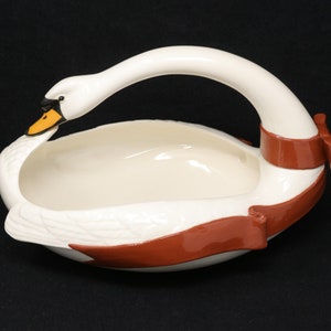 RESERVED FOR BOB ceramic Swan planter/ basket/ centerpiece, white Mute Swan with a brown bow, vintage from 1980s, signed, in great shape