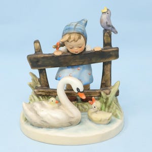 AS IS (repaired) Hummel Feathered Friends 344, TMK5, vintage Goebel Hummel figurine, girl watching family of swans with cygnets