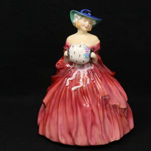 MINT 7&quot; Royal Doulton figurine, Genevieve HN 1962, woman wearing a red dress and muff, collectible porcelain figure, vintage decor gift