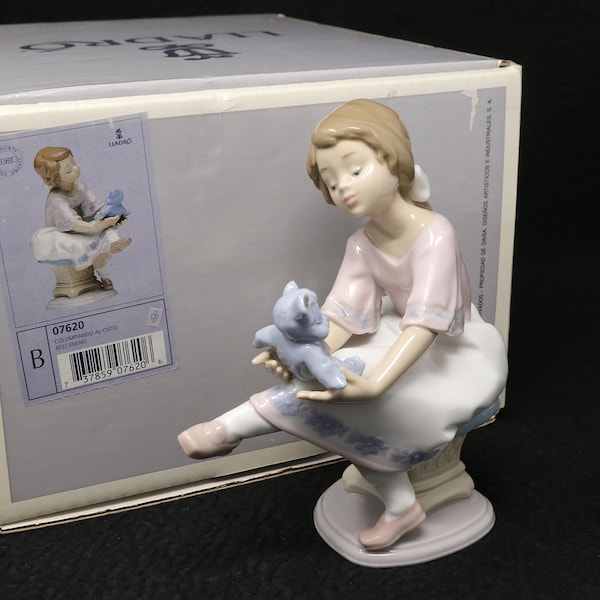 Lladro figurine MINT IN BOX Best Friends #7620, 6.5 inch tall Lladro girl with teddy bear, retired Lladro figure, Collectors Society 1993