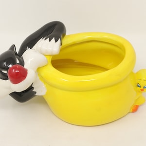 NICE VINTAGE 7.5" de largo Silvester y Tweetie plantador, dibujos animados de Warner Bros, personajes de Loony Tunes, plantador de gatos y pájaros, ver detalles