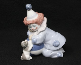 AS IS (collar chip) 4.5" Lladro Clown #5278, Pierrot with Puppy and Ball, small collectible Lladro figurine, porcelain clown decor