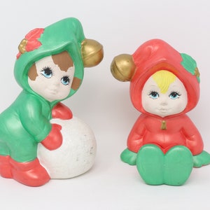 7" tall ceramic pixies, adorable Christmas decor, well made, hand painted children or elves, girl and boy, red, green and gold