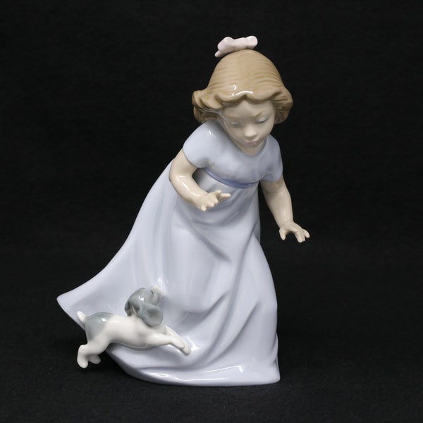 MINT 6 1/4" NAO by Lladro figurine, Girl with a Dog, porcelain girl in a blue/ lavender dress, running with puppy, NAO gift, Lladro gift