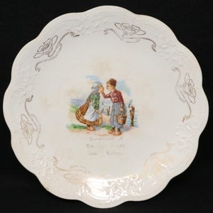 NICE ANTIQUE 8 3/4&quot; Royal Firenze plate with Dutch boy and girl, antique vintage china plate with gilded message