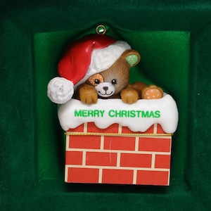 Vintage Enesco Peek A Bear Christmas ornament, 1986, teddy bear in a chimney, with box, adorable hanging ornament