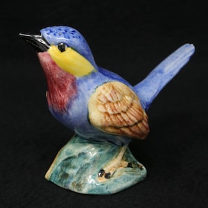 May include: A blue, yellow, and red ceramic bird figurine perched on a green and brown base. The bird has a long tail and a detailed design.
