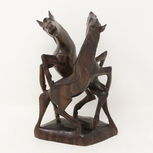 8 1/8&quot; Prancing or Fighting Horses sculpture, 2 prancing horses, dark brown wooden horse carving, equastrian decor, horse figure/ statue