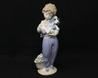 MINT 8" Lladro figurine #7609, My Buddy, porcelain boy holding a puppy, retired Lladro boy with a dog, vintage 1980s, dog lover gift