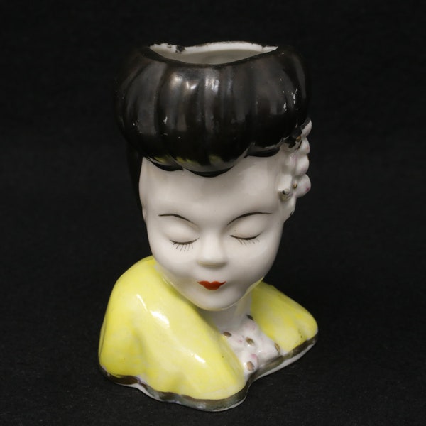 4" mini Glamour Girl lady head vase, yellow top, black hair, small ceramic planter, mid century decor