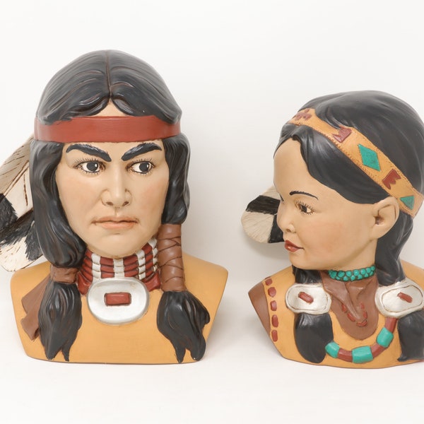 Excellent Vintage 9" Provincial Mold 1977 pair of Native American head busts, Indian warrior/ chief and woman figure, Native American decor