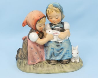 VERY NICE 4.25 in Hummel Easter Time figurine #384, TMK5, two girls with white bunnies/ rabbits, cute Hummel gift, bunny lover gift/ decor