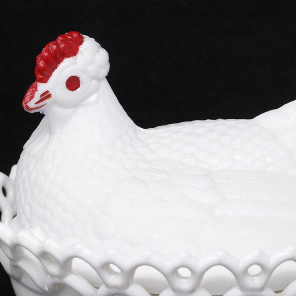 RESERVED Large 8" Hen on Nest dish, white hen with red comb, milk glass covered dish, vintage hen in a basket, chicken country decor, AS IS