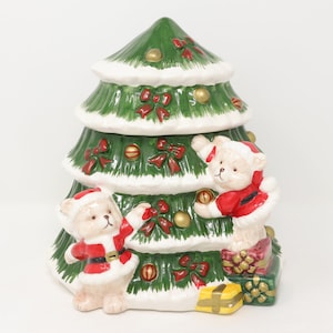 8.5&quot; tall Christmas Tree Cookie Jar with 2 elf teddy bears, fun ceramic Christmas decor, Christmas gift, made by World Bazaar