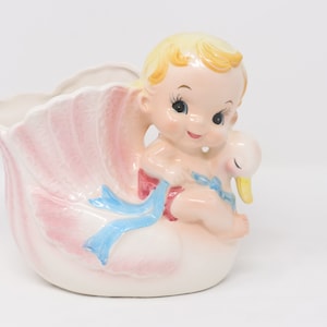 7" Relpo 5958 Baby Riding a Swan planter, vintage indoor planter, cute mid century decor, ceramic swan and baby planter