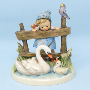 VERY NICE 4.5&quot; Hummel Feathered Friends figurine #344, TMK5, girl watching a family of swans, vintage Goebel porcelain decor, Hummel gift