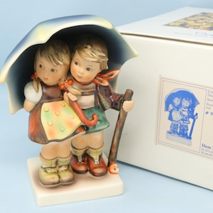 MINT IN BOX 6&quot; Hummel Stormy Weather figurine #71, TMK6, adorable porcelain boy and girl under umbrella, Hummel with box, gift for her/ him