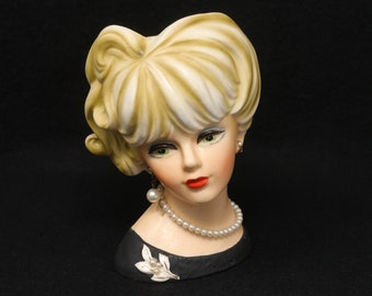 5 3/4" Napco C7472 lady head vase, vintage Napcoware vase, blond hair, black dress, faux pearl earrings (one missing), necklace and brooch