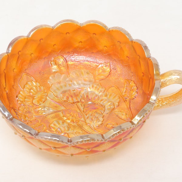 Excellent 6.5" Marigold Carnival Glass handled candy dish/ bon-bon with leaves, small glass bowl with handle, collectible glass decor/ gift