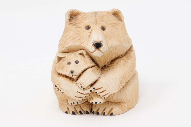 2.75 tall animal sculpture Artesania Rinconada bear with a cub figurine collectible vintage bear hand carved in Uruguay AR clay carving