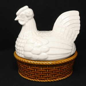 8 3/4&quot; White Hen on Nest cookie jar/ covered dish, ceramic hen in a basket, made in Portugal, vintage hen cookie jar, chicken country decor