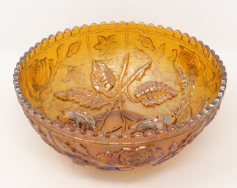 7 3/4" amber Imperial Glass Carnival Glass Bowl with roses, Open Rose pattern, floral pressed glass, collectible vintage glass decor