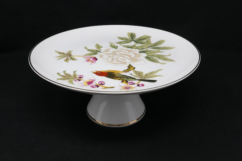 cake serving platter 10 ornate cake stand on pedestal Shafford footed cake stand with bird and blossoms dessert serving platter