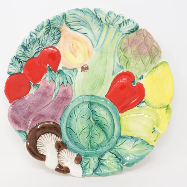 Large 12" Majolica style serving platter with vegetables, Lord & Taylor, vintage Majolica plate, cabbage, pepper, mushrooms, eggplant, onion